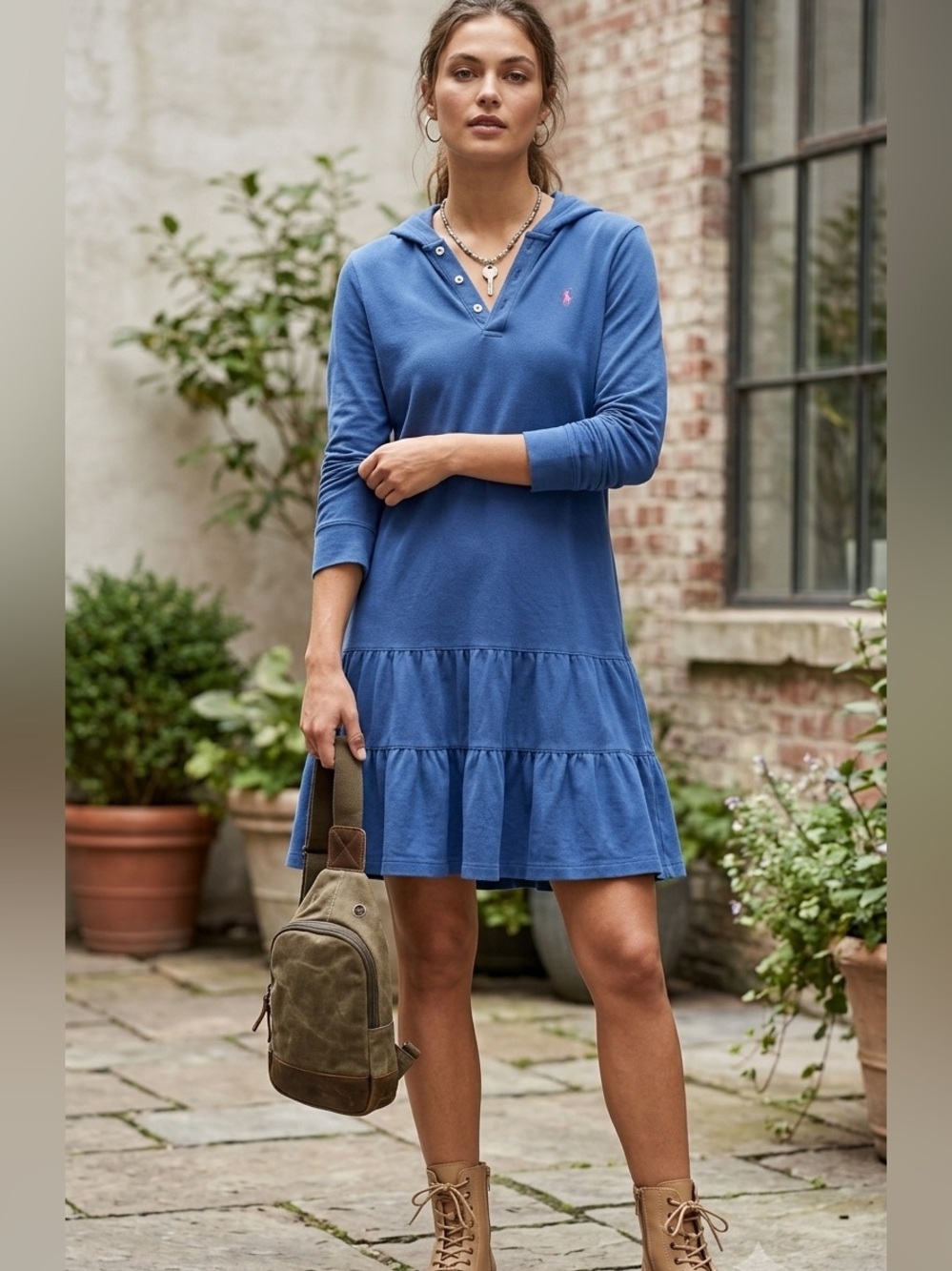 Ralph Lauren Blue Hooded Tiered Mini Dress XS Junior